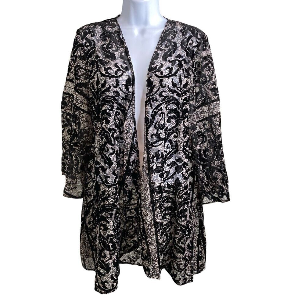 Anis A. Women's Black Paisley Open Kimono Size L Lagom Boho Regal Elegant Flowy‎